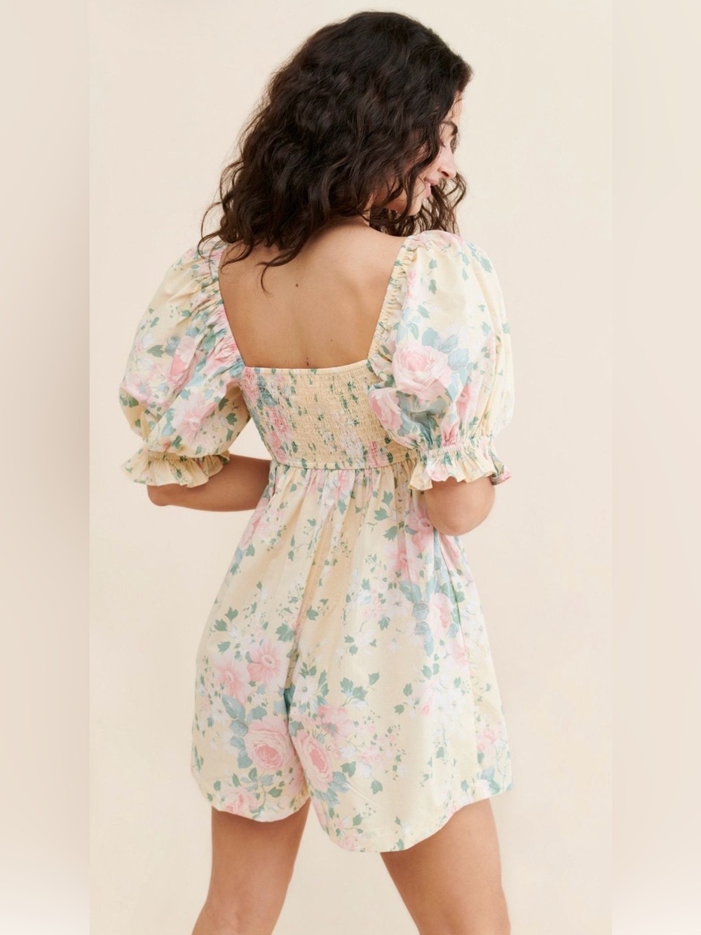 Selkie Free People Women’s The Pammy Hamptons Puff Sleeve Yellow Floral Romper M